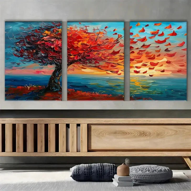 3pcs Set Multicolor Leaves Vibrant Metal Print Ready to Hang Art
