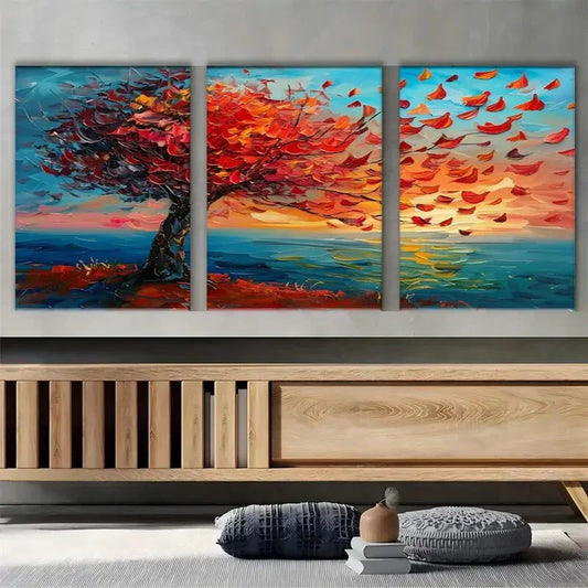 3pcs Set Multicolor Leaves Vibrant Metal Print Ready to Hang Art