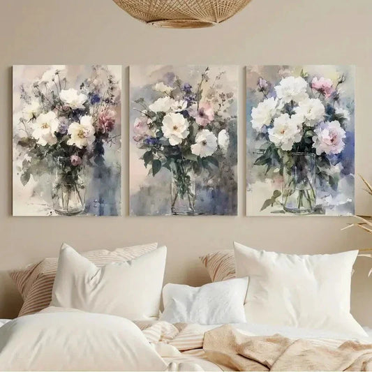 3pcs Watercolor Rose & Wildflower White Blue Metal Print Ready to Hang Art