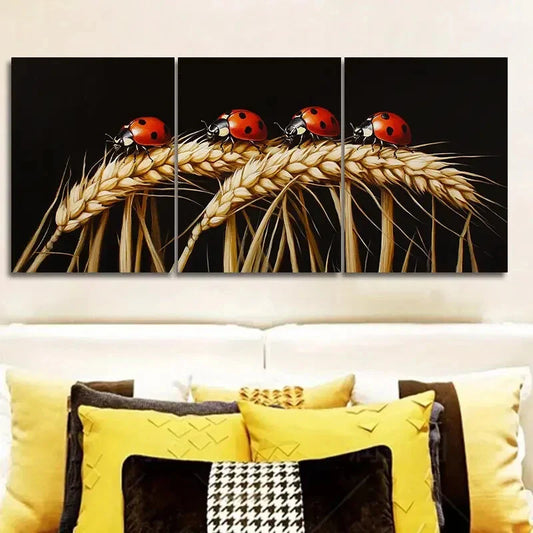 3pcs  The Ladybug Is Standing on The Wheat Metal Print Ready to Hang Art