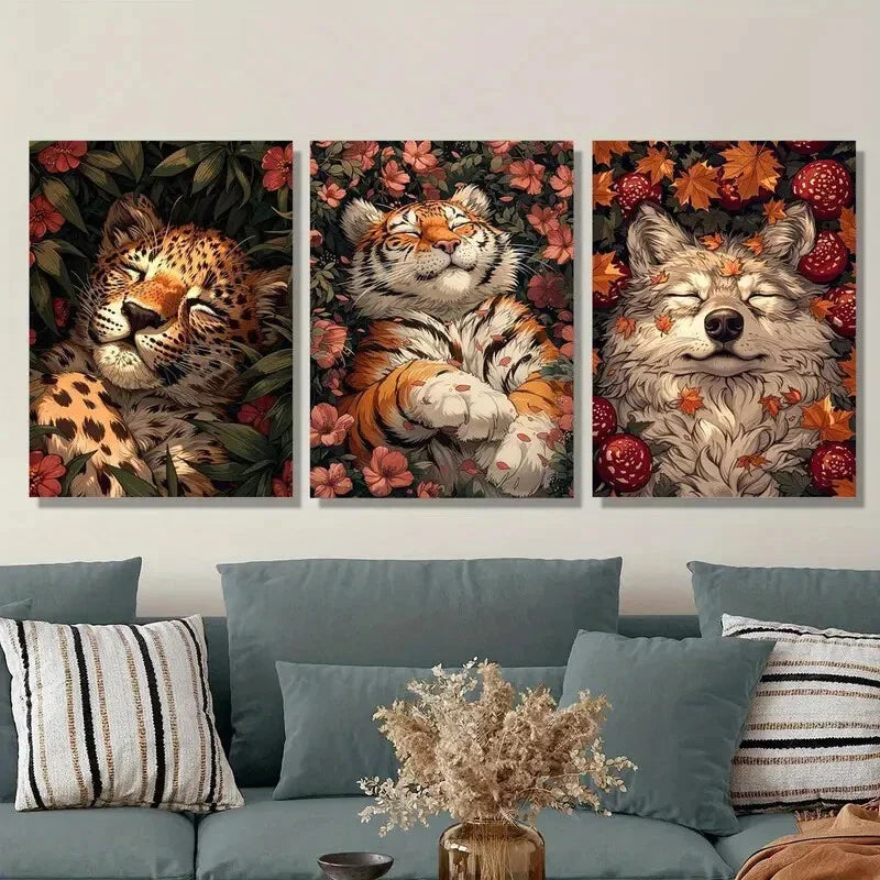 3pcs Leopard ,Tiger, Wolf Sleeping among Flowers,Metal Print Ready to Hang Art