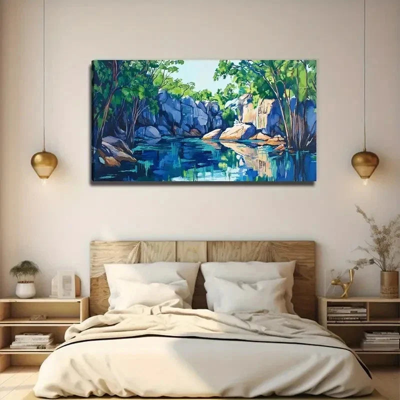 Stone Lake Water Quiet Wall Art Canvas Office Home Room Framed 80x45cm