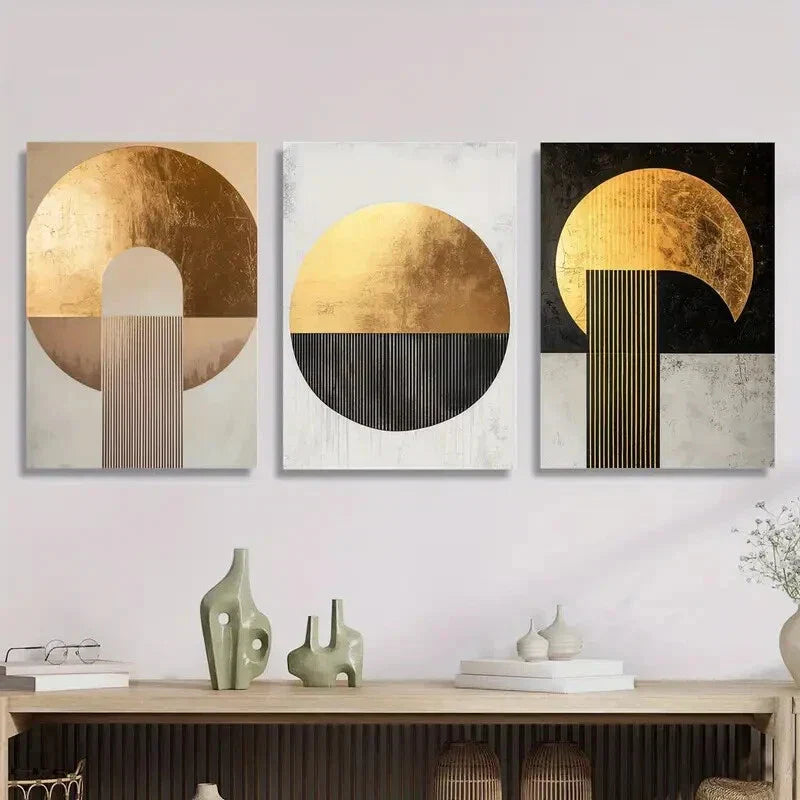 3pcs  Golden and Copper Geometric Abstract  Metal Print Ready to Hang Art