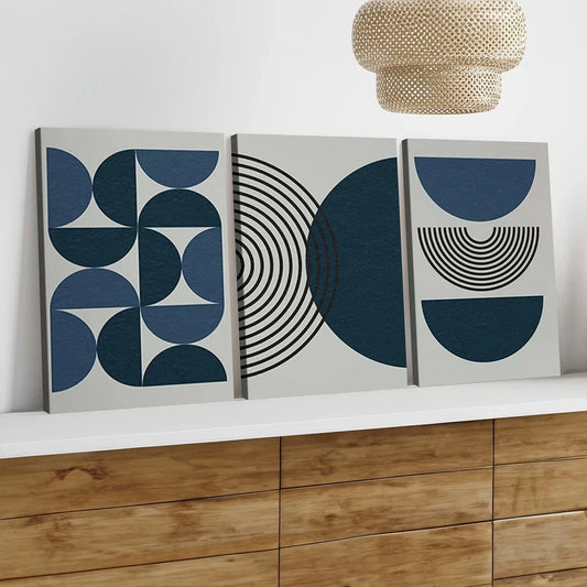 3pcs Navy Blue Bohemian Black Lines Modern Wall Art Set Canvas Framed 40x60cm - High Quality Print 100% Australian Made Wall Canvas Ready to Hang