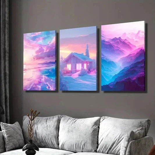3pcs Pink Colored Houses in the Snow Wall Art Set Canvas Framed 40x60cm - High Quality Print 100% Australian Made Wall Canvas Ready to Hang