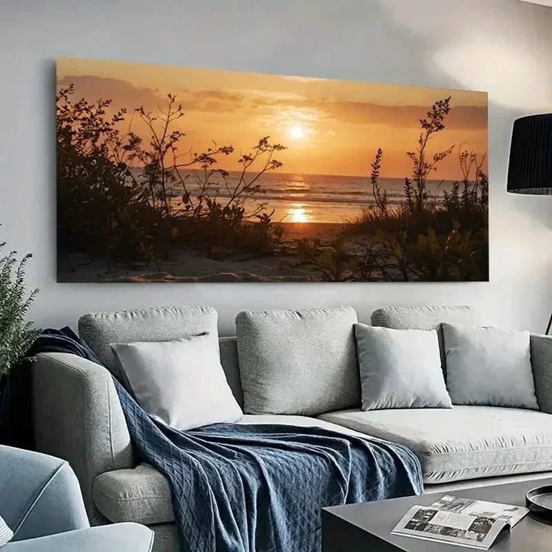 Beach Sunset Sky & Plants wall canvas office home room framed 120x60cm