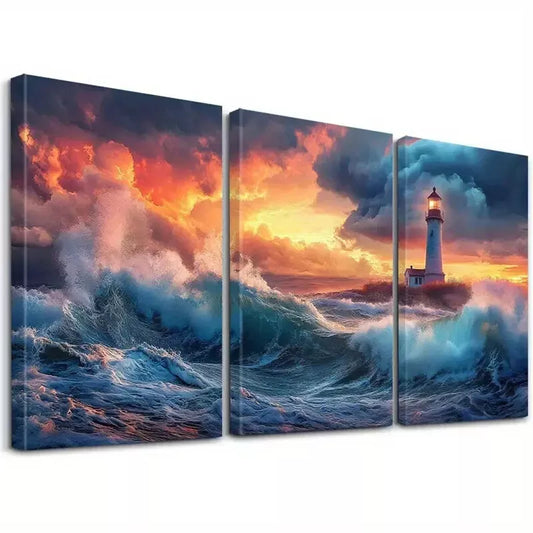 3pcs Aesthetic Landscape Lighthouse & Ocean Wall Art Set Canvas Framed 40x60cm - High Quality Print 100% Australian Made Wall Canvas Ready to Hang
