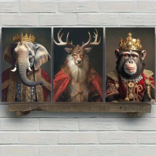 3pcs Chimpanzee Christmas Stag Elephant Vintage Metal Print Ready to Hang Art