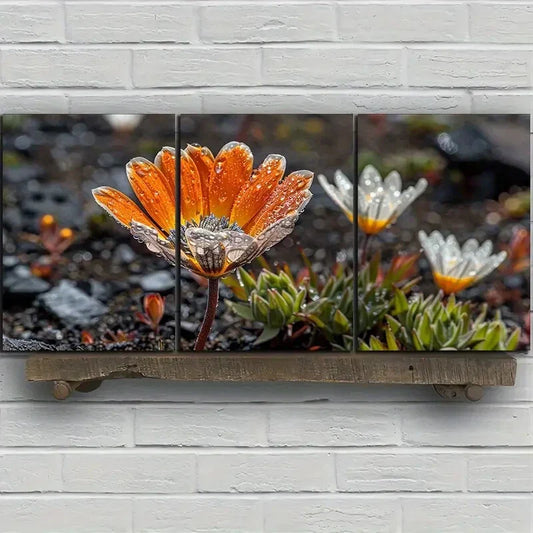 3pcs Blooming Flowers Gold Green Grasses Metal Print Ready to Hang Art