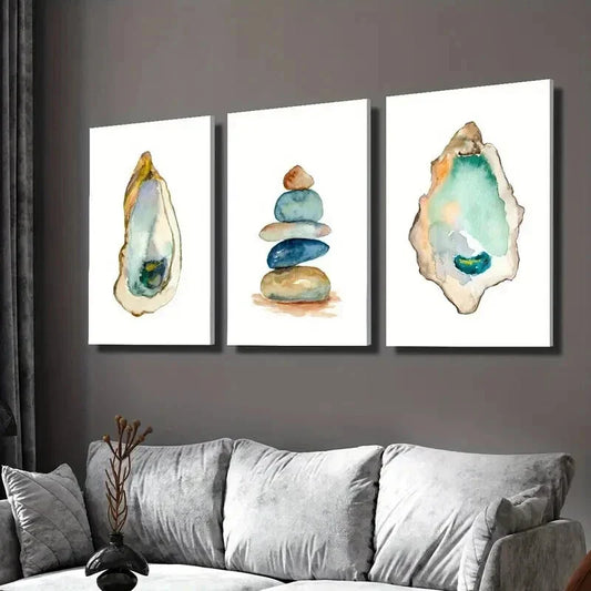 3pcs Balancing Zen Stones Ocean Oyster Wall Art Set Canvas Framed 40x60cm - High Quality Print 100% Australian Made Wall Canvas Ready to Hang
