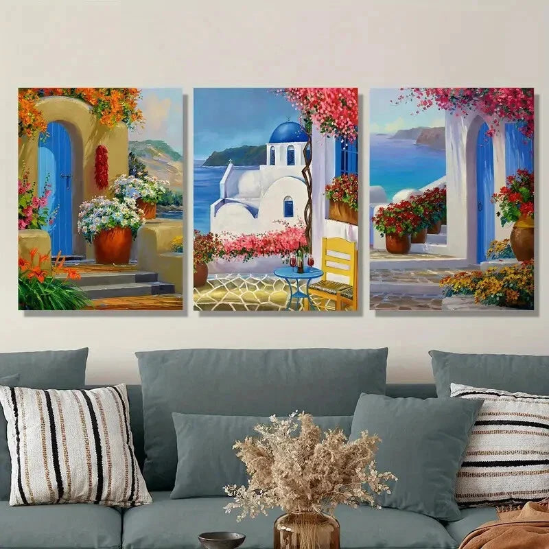 3pcs Santorini Greece landscape painting Metal Print Ready to Hang Art