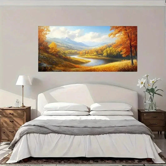 Autumn Landscape River Wall Art Canvas Office Home Room Framed 80x45cm