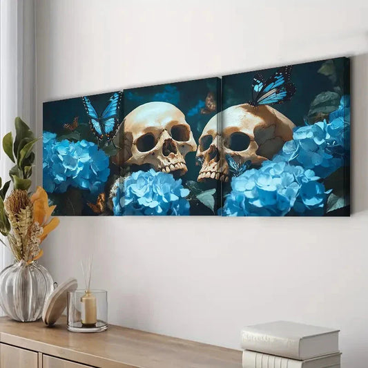 3pcs Skulls and Blue Flowers with Butterflies Wall Art Set Canvas Framed 40x60cm - High Quality Print 100% Australian Made Wall Canvas Ready to Hang