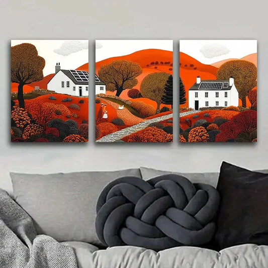3pcs Colorful Autumn Sun House Perfect Wall Art Set Canvas Framed 40x60cm - High Quality Print 100% Australian Made Wall Canvas Ready to Hang