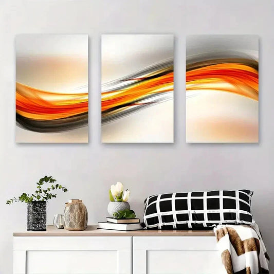 3pcs Abstract Flowing Lines Orange and Black Wave Metal Print Ready to Hang Art