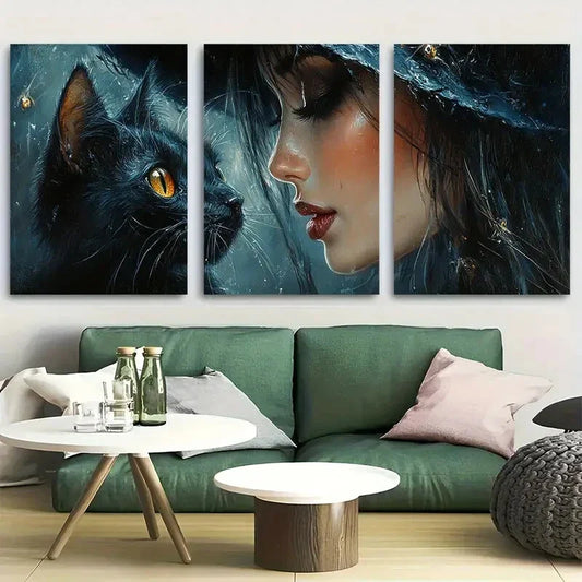 3pcs Enigmatic Witch with Black Cat and Bats Metal Print Ready to Hang Art