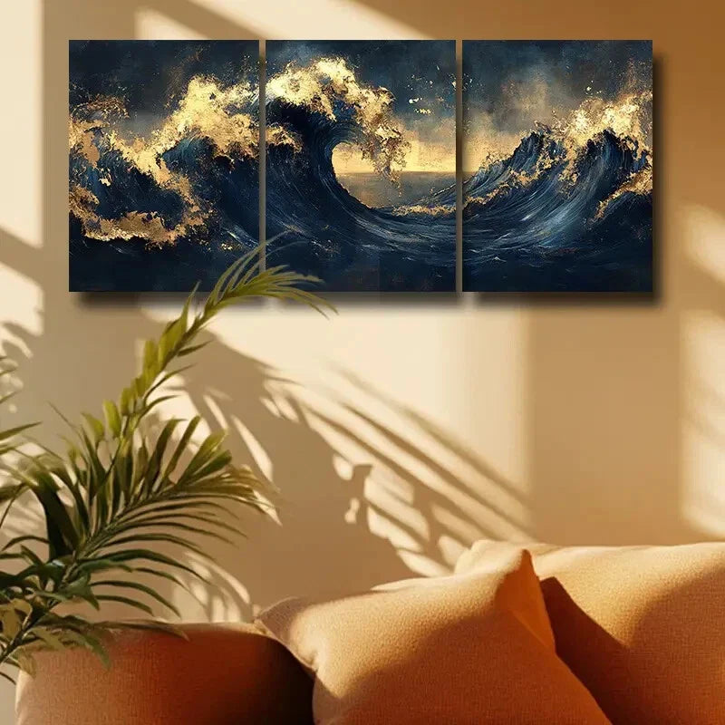 3pcs Majestic Sea Wave, Dark Blue & Golden Hues Metal Print Ready to Hang Art
