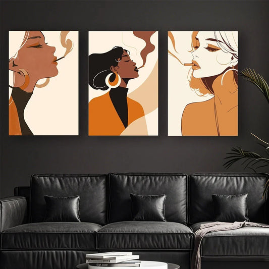 3pcs Abstract Women'S Smoking Design Metal Print Ready to Hang Art