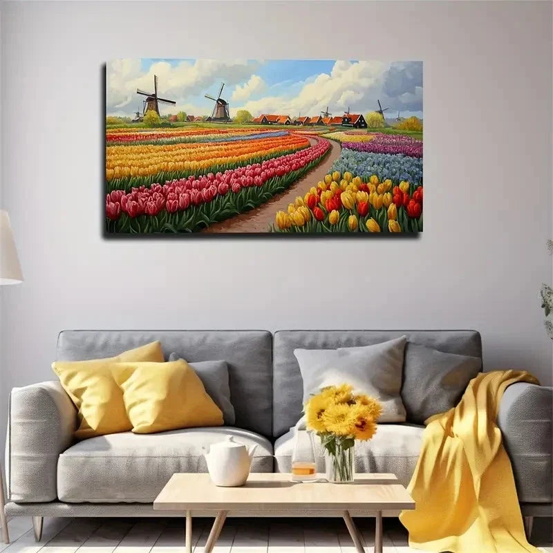 Dutch Tulip Garden Windmills Wall Art Canvas Office Home Room Framed 80x45cm