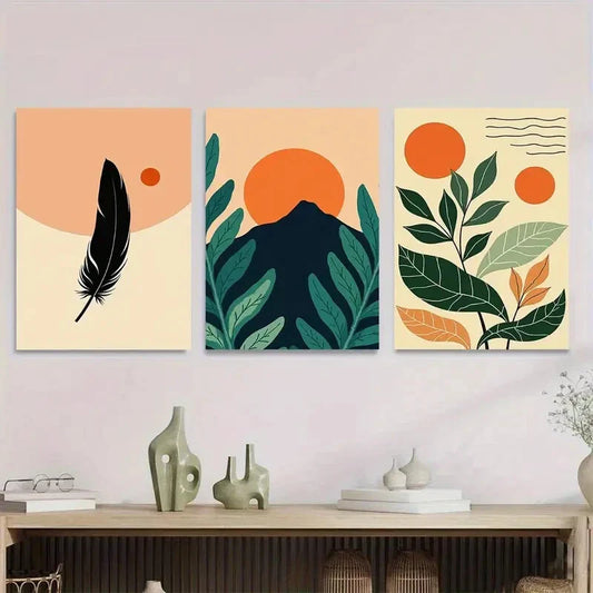 3pcs Modern Abstract Feathers, Leaves Metal Print Ready to Hang Art