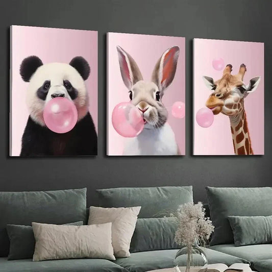 3pcs  Romantic Animal Illustration, Pink Bubble   Metal Print Ready to Hang Art