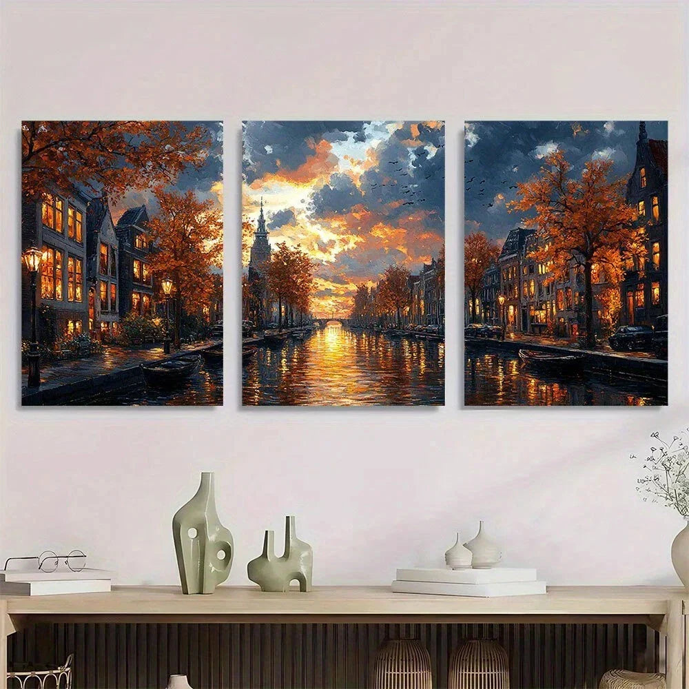 3pcs Vibrant Autumn Street Scene Mid Century Charm Metal Print Ready to Hang Art