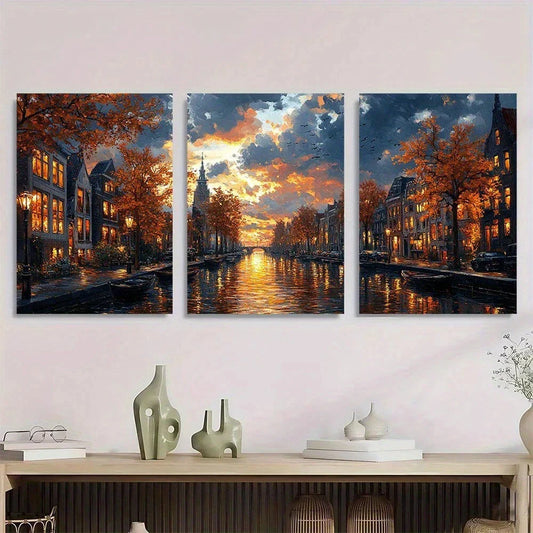 3pcs Vibrant Autumn Street Scene Mid Century Charm Metal Print Ready to Hang Art