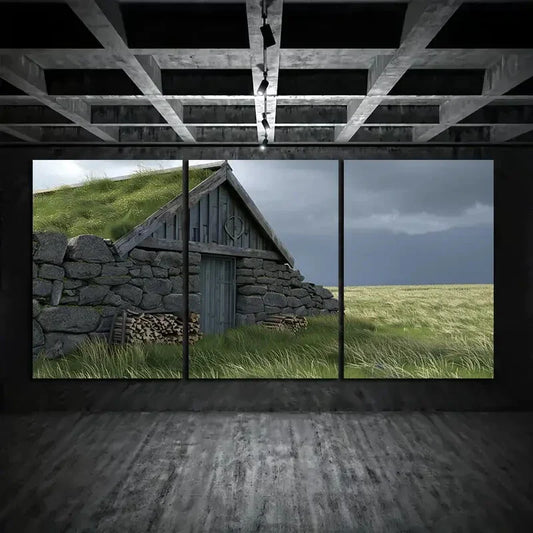 3pcs Icelandic Landscape House & Stone Metal Print Ready to Hang Art