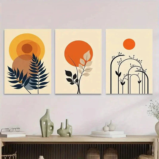 3pcs Modern Abstract Botanical Nature Yellow Metal Print Ready to Hang Art