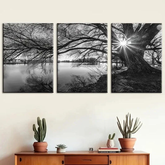 3pcs black and white art sunrise landscape  Metal Print Ready to Hang Art