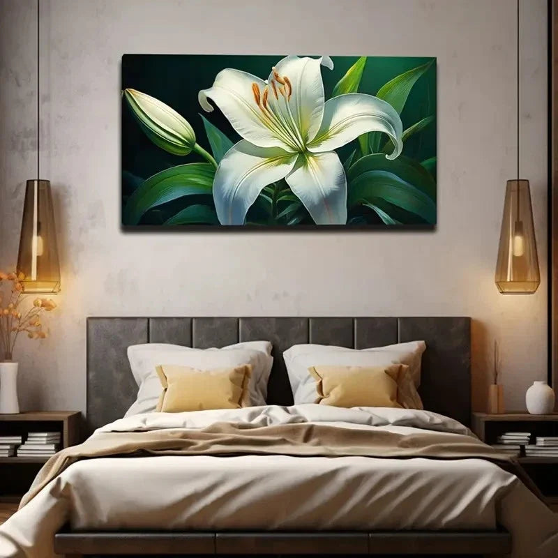 Elegant White Lily Wall Art Canvas Office Home Room Framed 80x45cm