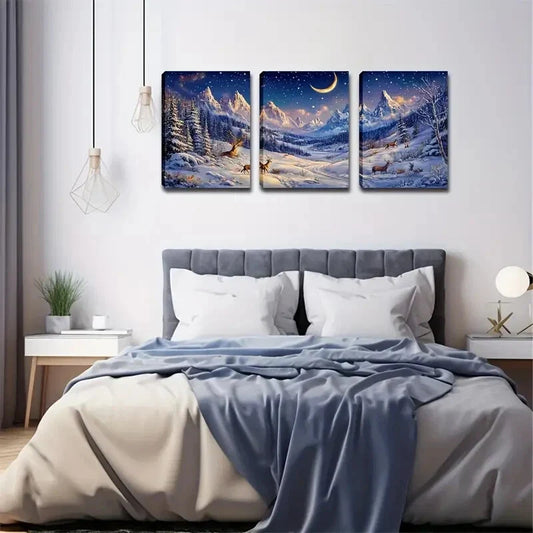 3pcs Majestic Snow ,Mountains & Starry Night Sky Wall Art Set Canvas Framed 40x60cm - High Quality Print 100% Australian Made Wall Canvas Ready to Hang