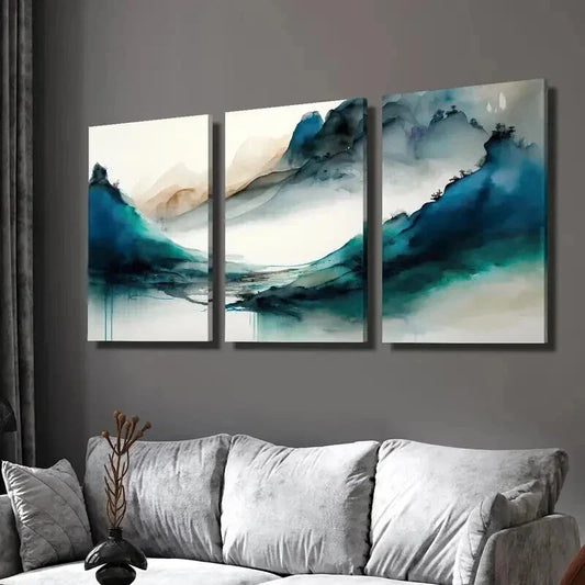 3pcs Green Blue Mountains in the Fog Wall Art Set Canvas Framed 40x60cm - High Quality Print 100% Australian Made Wall Canvas Ready to Hang