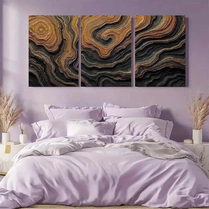 3pcs Abstract Black and Golden Bold Earthy Wall Art Set Canvas Framed 40x60cm - High Quality Print 100% Australian Made Wall Canvas Ready to Hang