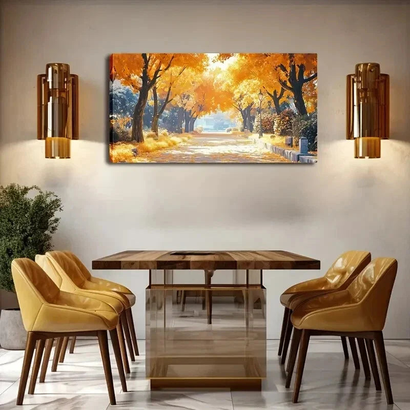 Autumn Pathway Yellow Trees Wall Art Canvas Office Home Room Framed 120x60cm