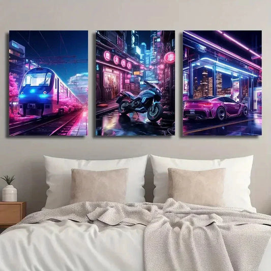 3pcs Cyberpunk Train, Motorcycle And Sports Car Metal Print Ready to Hang Art
