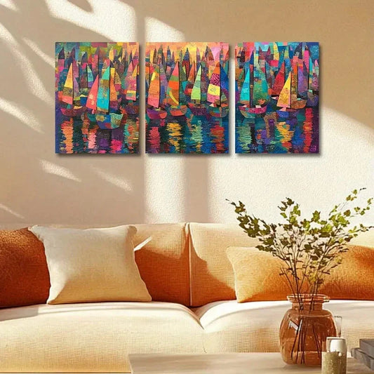 3pcs Colorful Sailboats in the Water Metal Print Ready to Hang Art