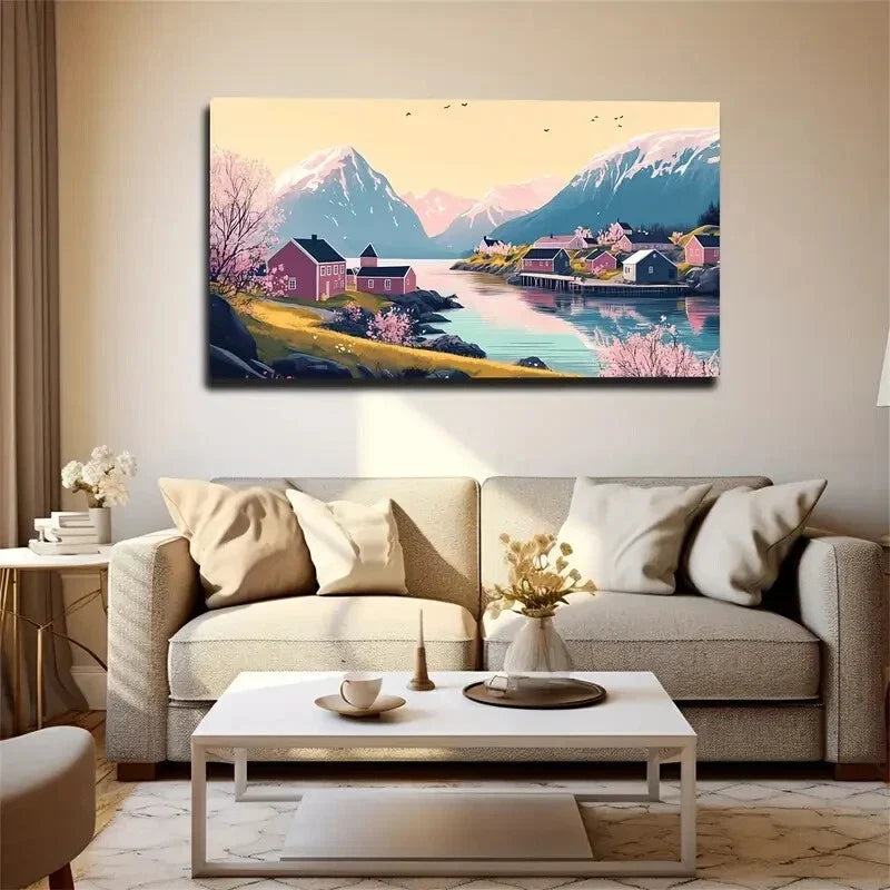 Serene Stream & Mountain Scene Wall Art Canvas Office Home Room Framed 120x60cm