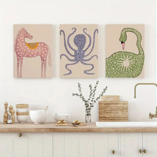 3pcs Horses, Egret Birds, And Other Animal Pattern Metal Print Ready to Hang Art