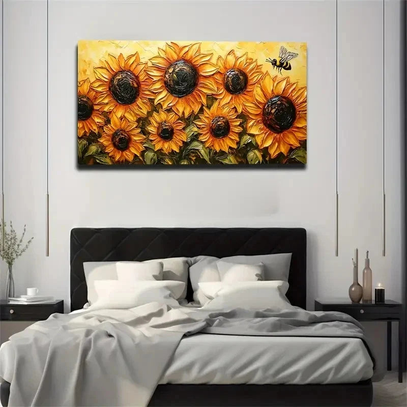Bee And Sunflower Attractive Wall Art Canvas Office Home Room Framed 120x60cm
