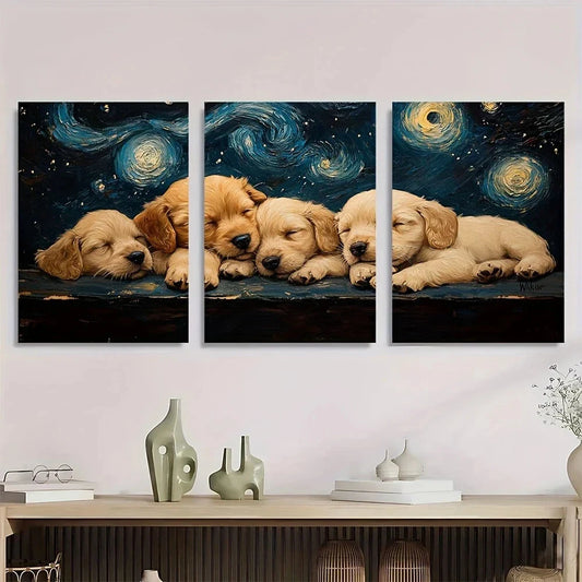 3pcs Starry Night Puppy Vintage Rustic Metal Print Ready to Hang Art