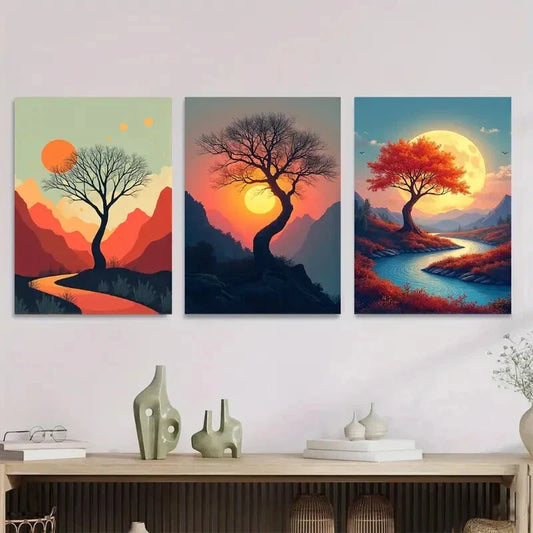 3pcs Vibrant Sunset Trees And Mountain beautiful Wall Art Set Canvas Framed 40x60cm - High Quality Print 100% Australian Made Wall Canvas Ready to Hang