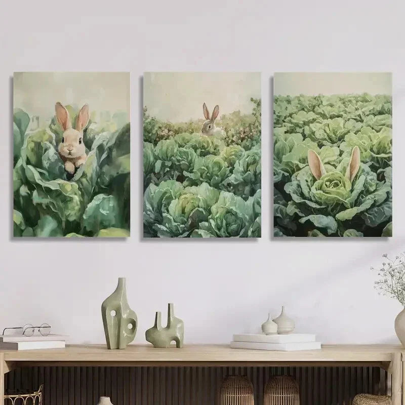 3pcs  Rabbits in the vegetable garden, lovely   Metal Print Ready to Hang Art