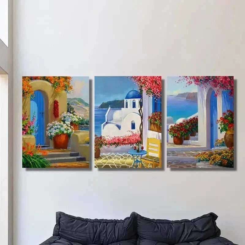 3pcs Santorini Greece Landscape & Floral Garden Wall Art Set Canvas Framed 40x60cm - High Quality Print 100% Australian Made Wall Canvas Ready to Hang