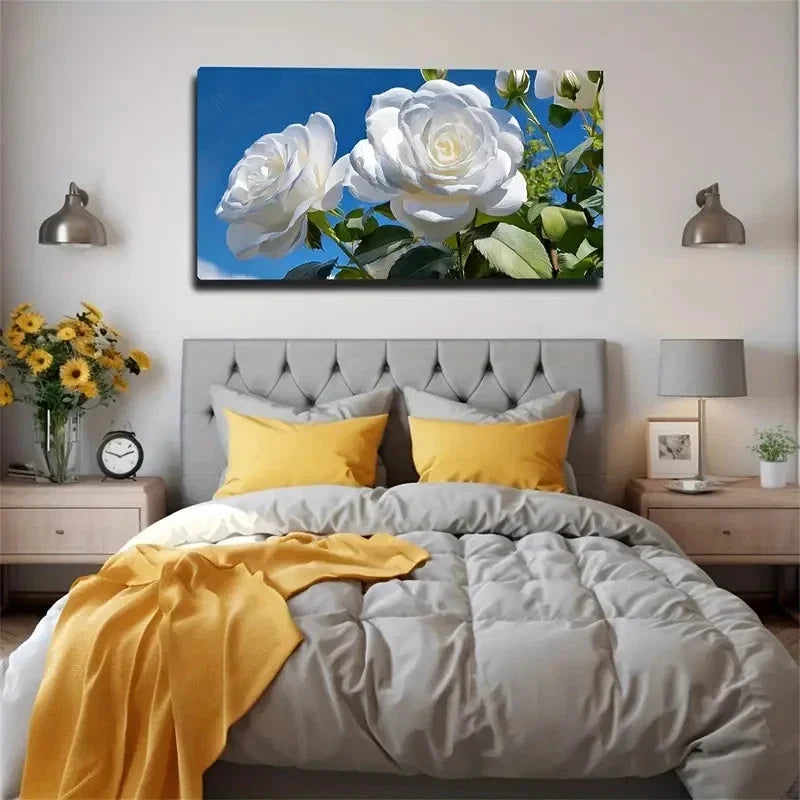 Blue Sky With White Roses Wall Art Canvas Office Home Room Framed 80x45cm
