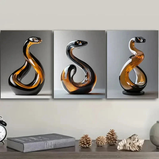 3pcs Snake Glass Sculpture  Metal Print Ready to Hang Art