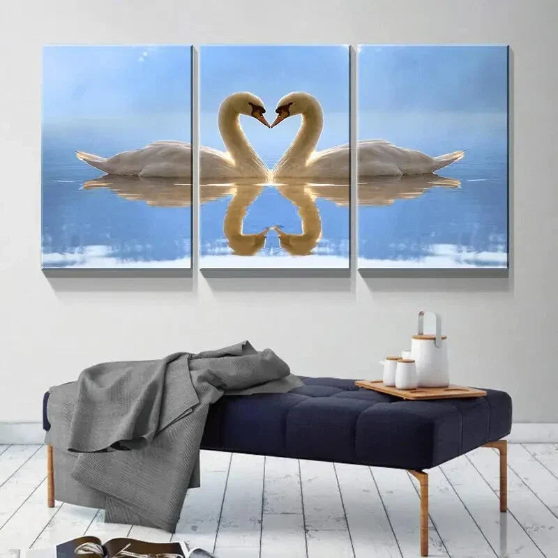 3pcs  Romantic Swan Couple Heart-Shaped Metal Print Ready to Hang Art
