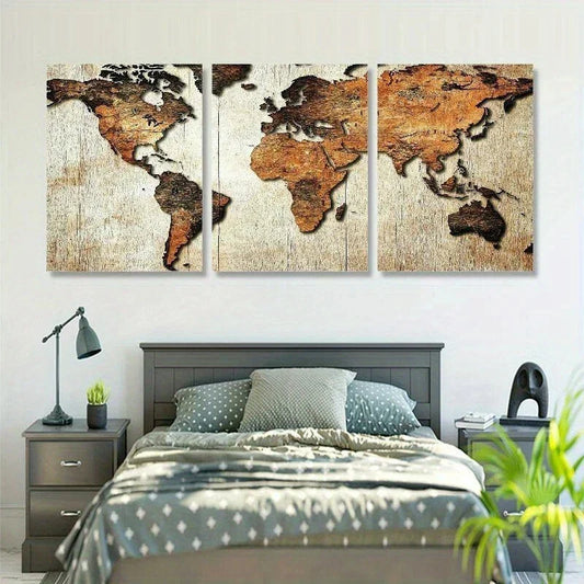 3pcs Abstract World Map Brown Metal Print Ready to Hang Art