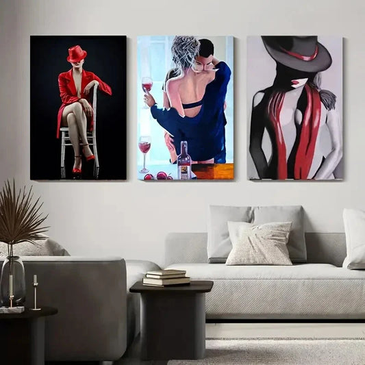 3pcs  Women in Red & Black, Wine Glass, Hats Wall Art Set Canvas Framed 40x60cm - High Quality Print 100% Australian Made Wall Canvas Ready to Hang