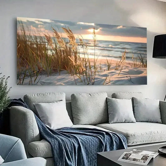 Reeds on the Beach Coastal Wall Art Canvas Office Home Room Framed 80x45cm